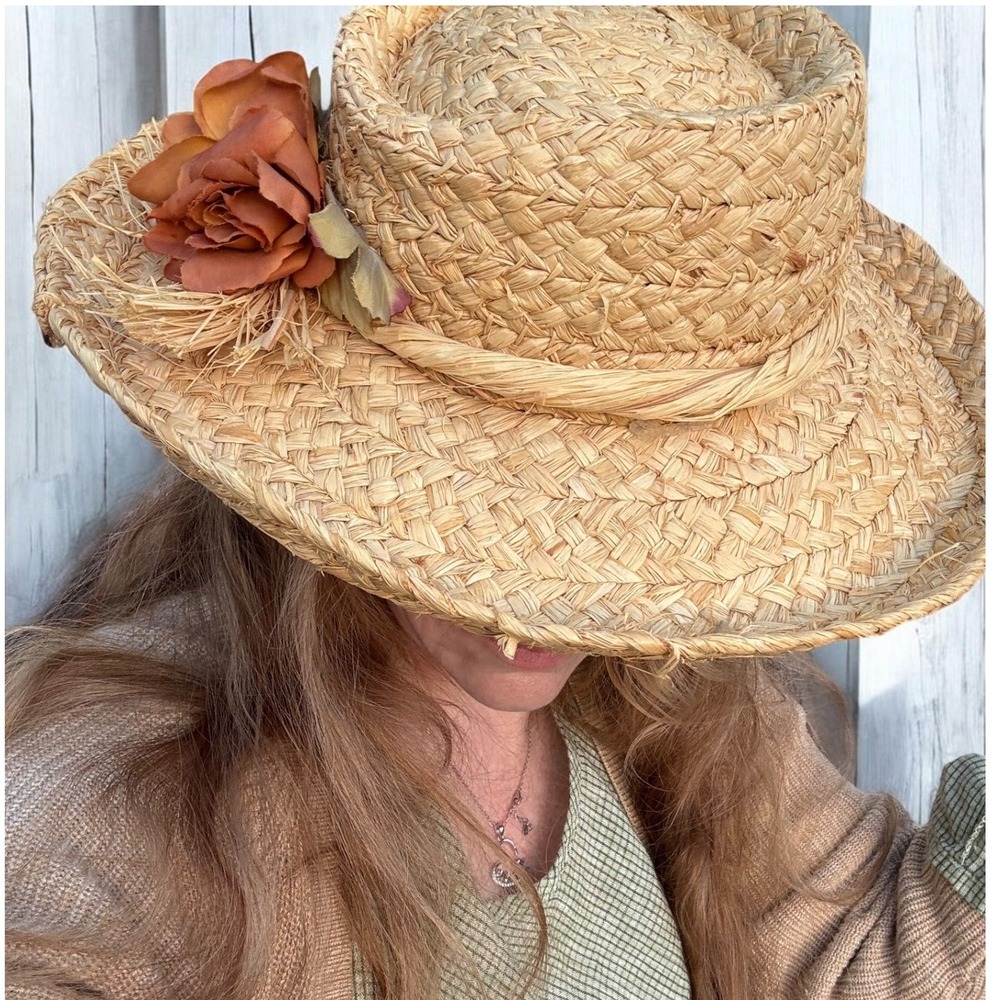 Cottagecore Vintage Straw Boater Sun Hat Tan Raffia Earthy RomanticFloral